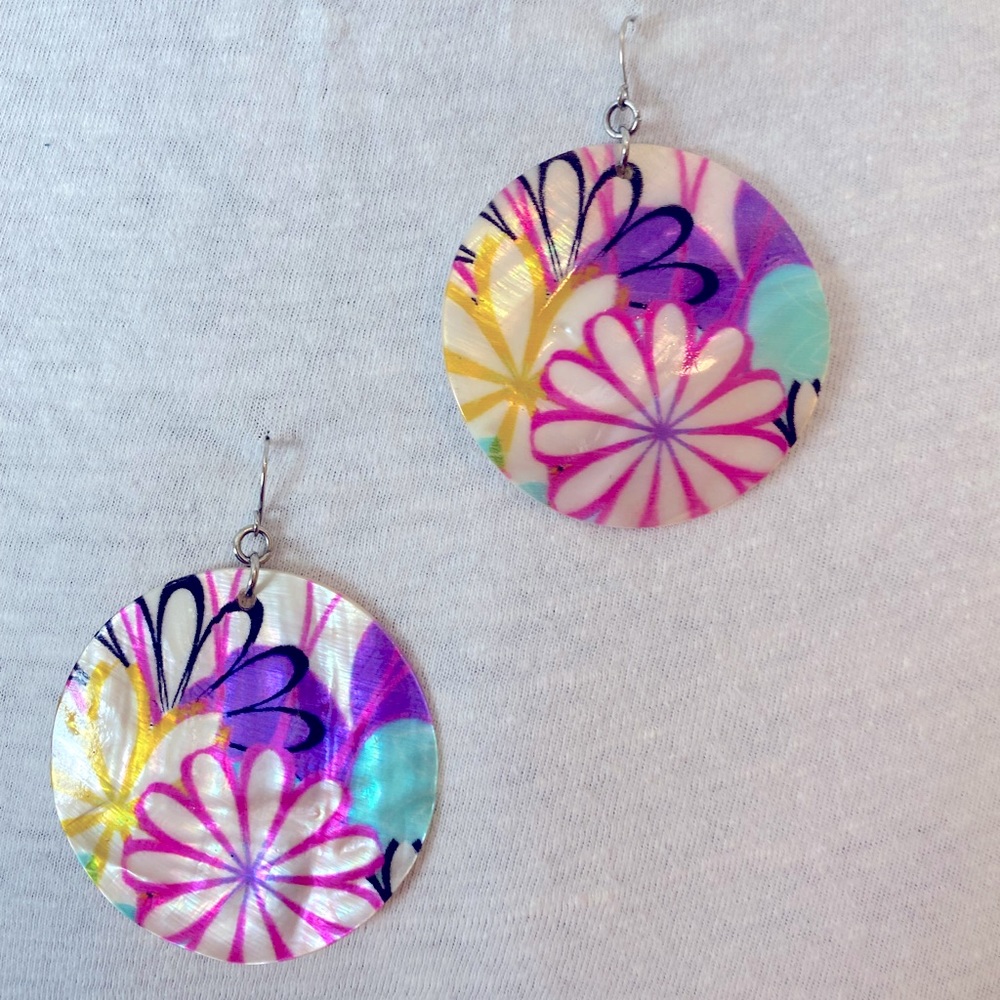 80’s style shell painted flowers pink, yellow, & purple